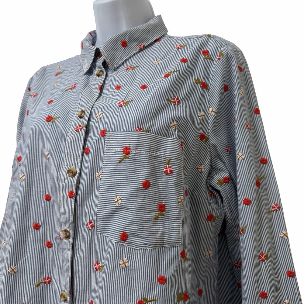 Anthropologie Maeve Embroidered Floral Stripe Button Up Shirt Size 14 Blue White - Picture 4 of 9